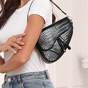 Neiman Marcus Black Croc Embossed PU Leather Equestrian Bag